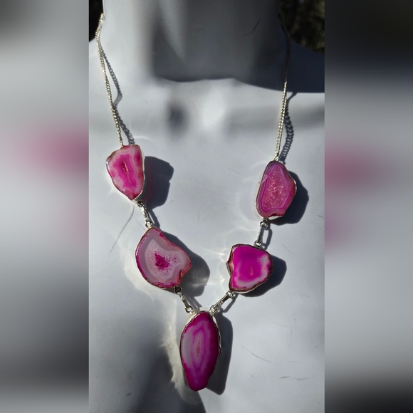 Pink Agate slice sterling Necklace 10"/20" - Picture 5 of 7